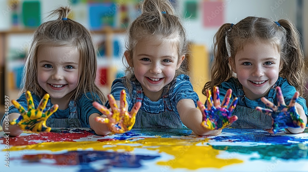 Triplet Girls with Painted Hands Triplet Girls with Painted Hands