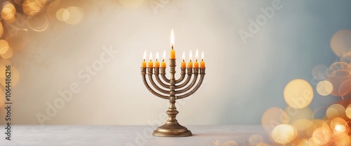 Golden Menorah Illuminated: A symbol of hope and tradition, a traditional menorah with eight candles, a central shamash, and flickering flames, set against a soft, luminous backdrop.