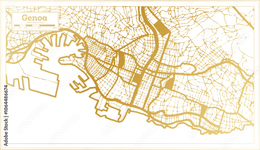 Genoa Italy City Map in golden Colors in Retro Style. Outline Map. Genoa Italy City Map in golden Colors in Retro Style. Outline Map.