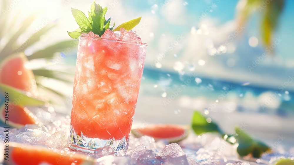 A refreshing cocktail with crushed ice and vibrant garnishes, set on a beach bar, evoking a tropical getaway vibe. A refreshing cocktail with crushed ice and vibrant garnishes, set on a beach bar, evoking a tropical getaway vibe.