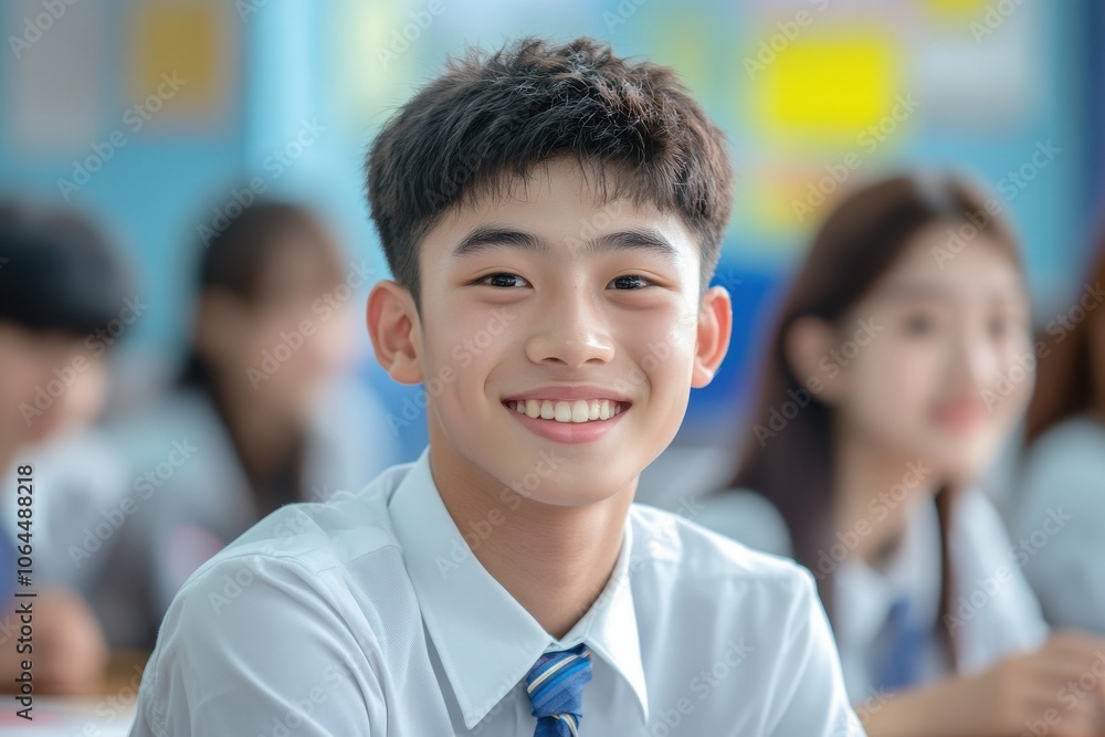 Happy teenage high school asian boy wearing school uniform smiling in the class room Happy teenage high school asian boy wearing school uniform smiling in the class room