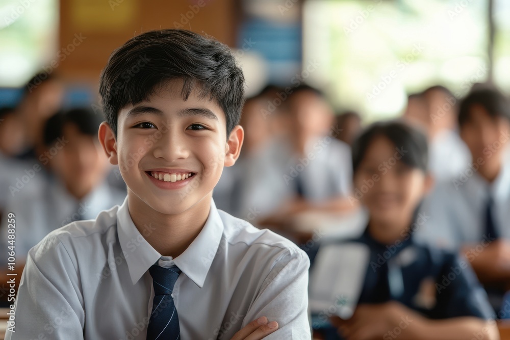Happy teenage high school asian boy wearing school uniform smiling in the class room Happy teenage high school asian boy wearing school uniform smiling in the class room