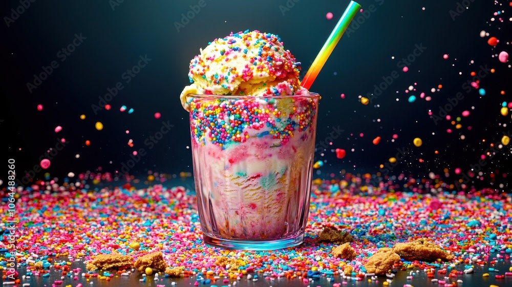 Naklejka premium A whimsical glass cup overflowing with ice cream, decorated with colorful sprinkles, cookie crumbles, and a vibrant straw, inviting indulgence.