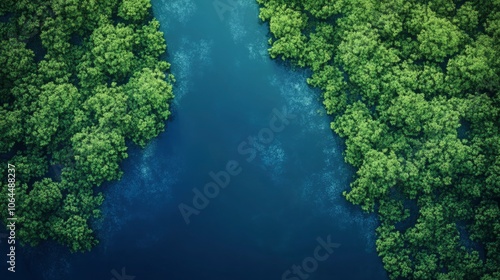 Top view surface of green mangroves forest and blue river 