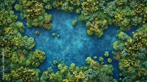 Top view surface of green mangroves forest and blue river 