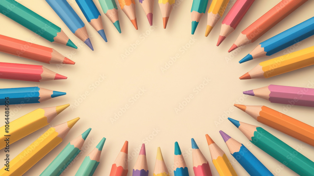 Colorful pencils arranged in circular pattern on light background create vibrant and artistic atmosphere, perfect for creative projects and designs Colorful pencils arranged in circular pattern on light background create vibrant and artistic atmosphere, perfect for creative projects and designs