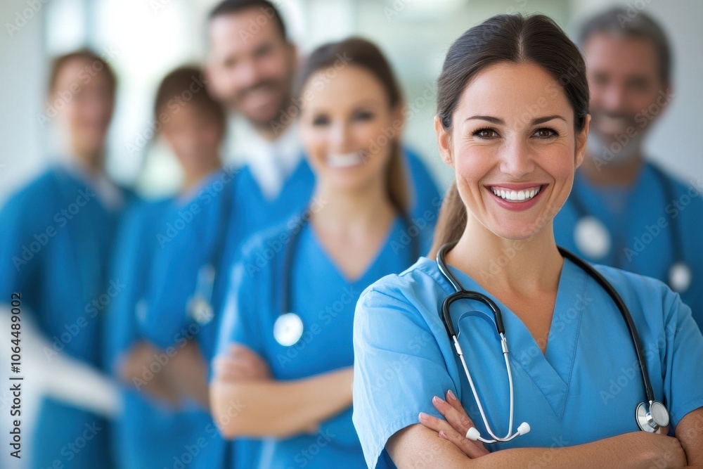 Hospital medical team banner with group of smiling healthy doctors and nurses Hospital medical team banner with group of smiling healthy doctors and nurses