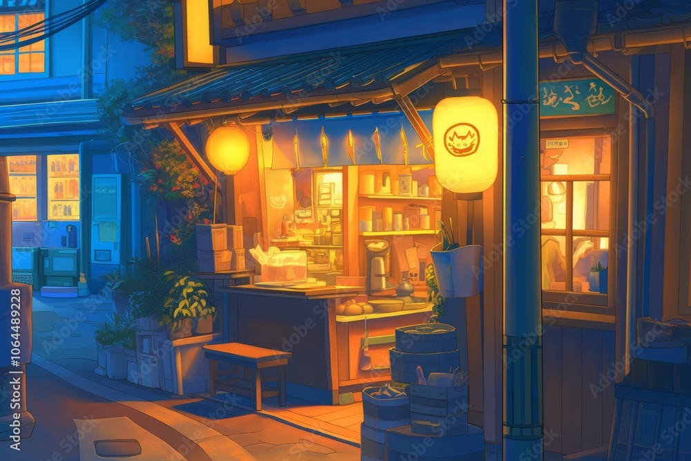 Ramen stall with colorful lanterns, ambient light, and customers enjoying their meal, Generative AI Ramen stall with colorful lanterns, ambient light, and customers enjoying their meal, Generative AI