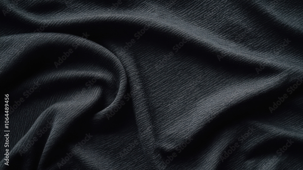 Fototapeta premium Soft, textured black fabric draped elegantly, showcasing its smooth surface and subtle sheen. intricate folds create sense of depth and luxury, perfect for various design applications