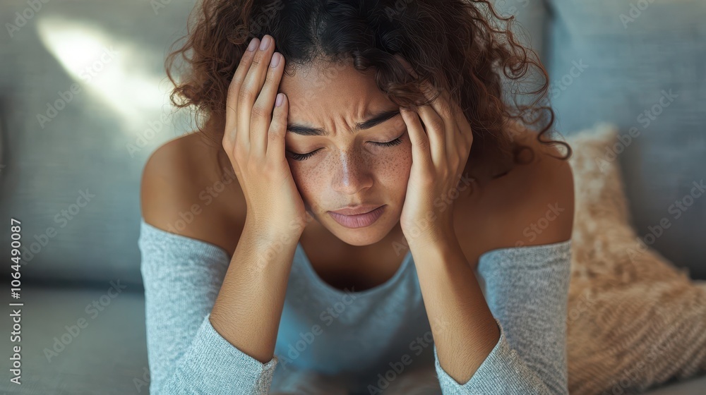 Stressful young mixed race woman holding head in hands Stressful young mixed race woman holding head in hands