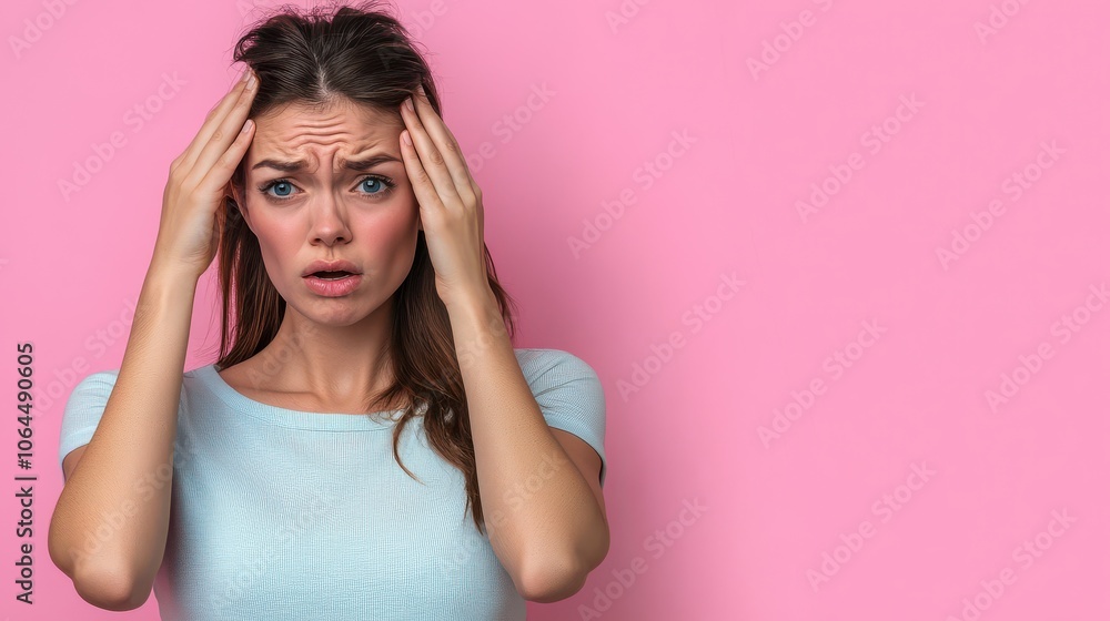 Woman overwhelmed with stress and concern, confusion and doubt, hands to head, on pink Woman overwhelmed with stress and concern, confusion and doubt, hands to head, on pink