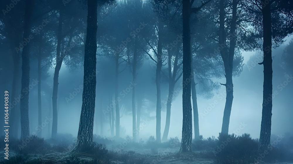 A misty forest with tall pine trees reaching into the sky. A misty forest with tall pine trees reaching into the sky.