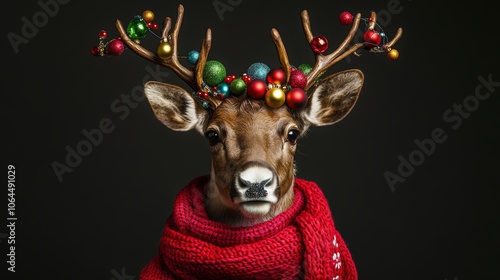 Wallpaper Mural A festive Christmas reindeer adorned with a cozy red scarf and beautifully decorated horns, draped with colorful bauble ornaments, capturing the spirit of the holiday season.  Torontodigital.ca