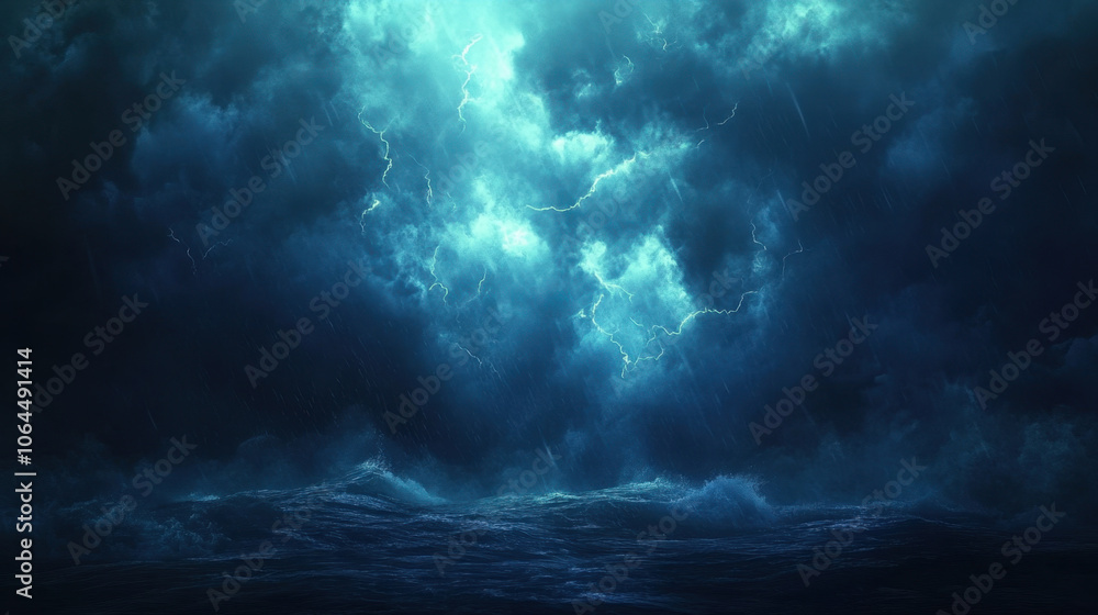 dramatic thunderstorm illuminates ocean with flashes of lightning, creating captivating and intense atmosphere. dark clouds and turbulent waves evoke sense of power and natures fury dramatic thunderstorm illuminates ocean with flashes of lightning, creating captivating and intense atmosphere. dark clouds and turbulent waves evoke sense of power and natures fury