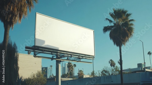 A large white billboard on a sturdy metal pillar in an urban setting, awaiting brand logos or promotional messages photo