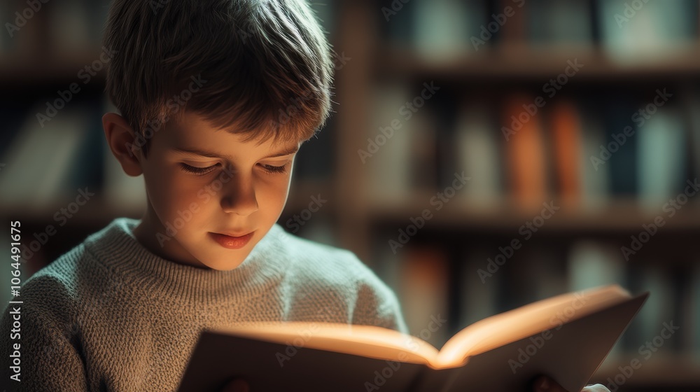 Boy Reading Book in Dim Library Boy Reading Book in Dim Library