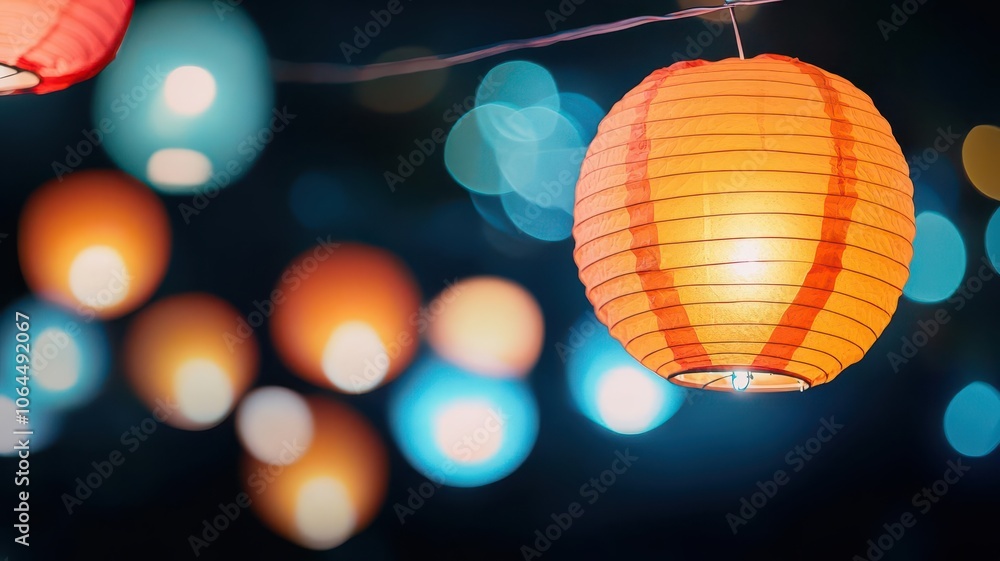 Colorful lanterns illuminate a night scene, creating a festive atmosphere with blurred lights in the background. Colorful lanterns illuminate a night scene, creating a festive atmosphere with blurred lights in the background.