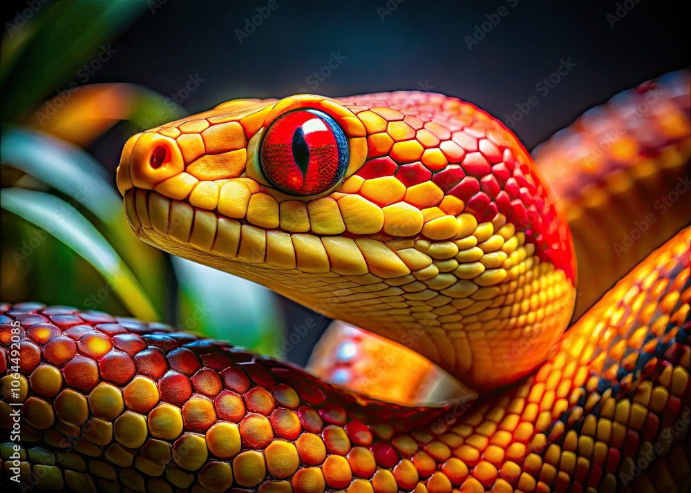 Fototapeta premium Colorful Snake in Low Light - Relaxed Pose with Bright Yellow Head and Red Eyes