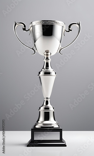 Silver Trophy Cup with Elegant Handles on Simple Background with Wide Copy Space for Text
