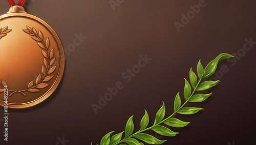 Bronze Medal with Embossed Laurel Wreath on Plain Background and Ample Copy Space for Text