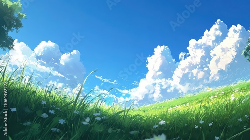 peaceful blue sky and green grass great as backround