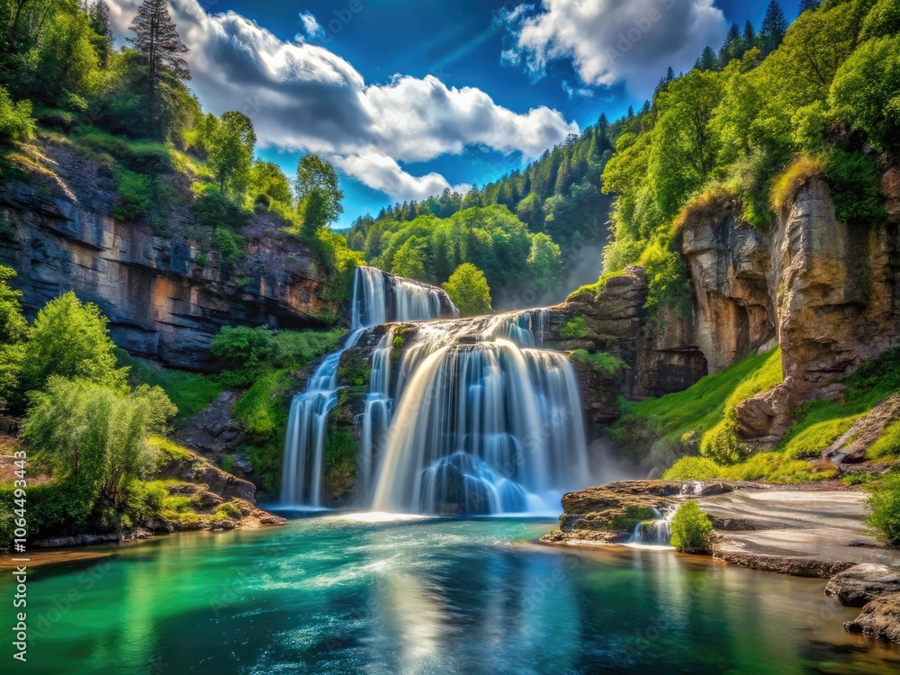 Fototapeta premium Enchanting long exposure waterfalls cascade through majestic mountains, showcasing serene landscapes adorned with vibrant greenery and crystal-clear waters in a breathtaking natural setting.