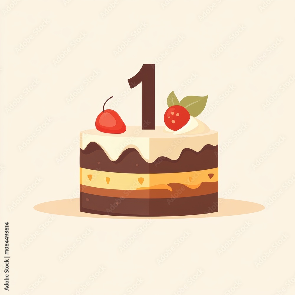 Slice of Cake with Cherry and Number One Slice of Cake with Cherry and Number One