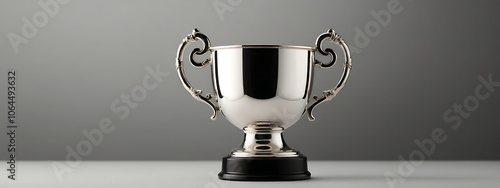 Silver Trophy Cup with Elegant Handles on Simple Background with Wide Copy Space for Text