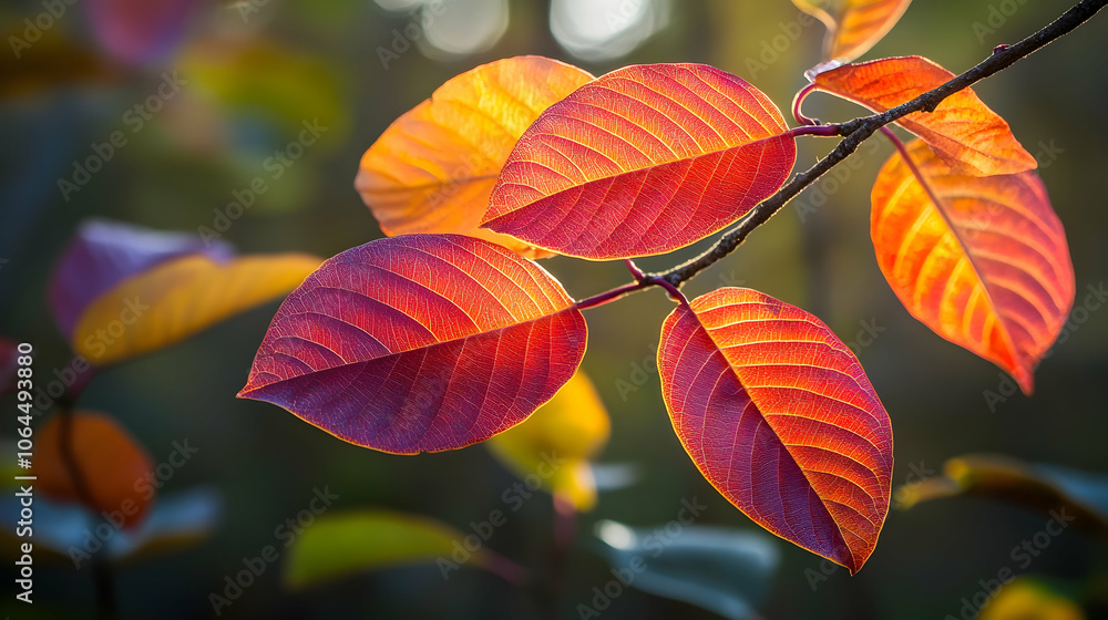 Close-up of vibrant red and orange autumn leaves on a branch with a blurred background. Close-up of vibrant red and orange autumn leaves on a branch with a blurred background.