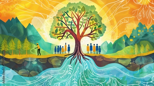 Multiracial educators incorporating indigenous knowledge into contemporary education systems to promote sustainability. Illustrations