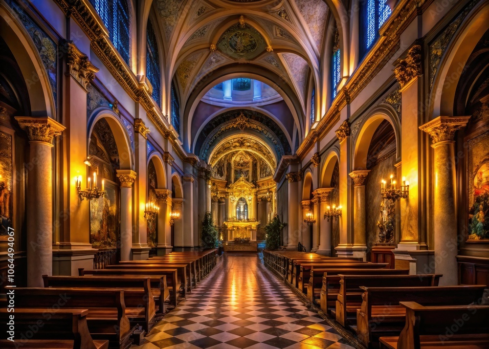 Fototapeta premium Enchanting Nighttime Interior of the Church of St. Mary with Altar and Corridor of the Parish of the Good Jesus of Sorrows