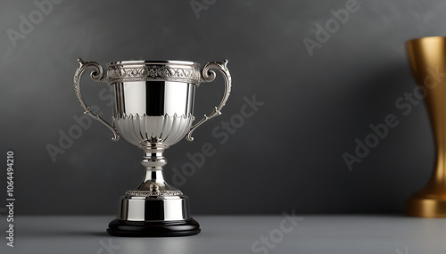 Silver Trophy Cup with Elegant Handles on Simple Background with Wide Copy Space for Text