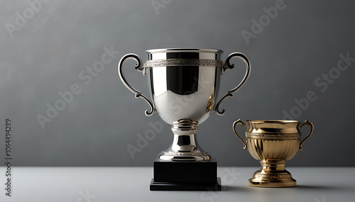 Silver Trophy Cup with Elegant Handles on Simple Background with Wide Copy Space for Text