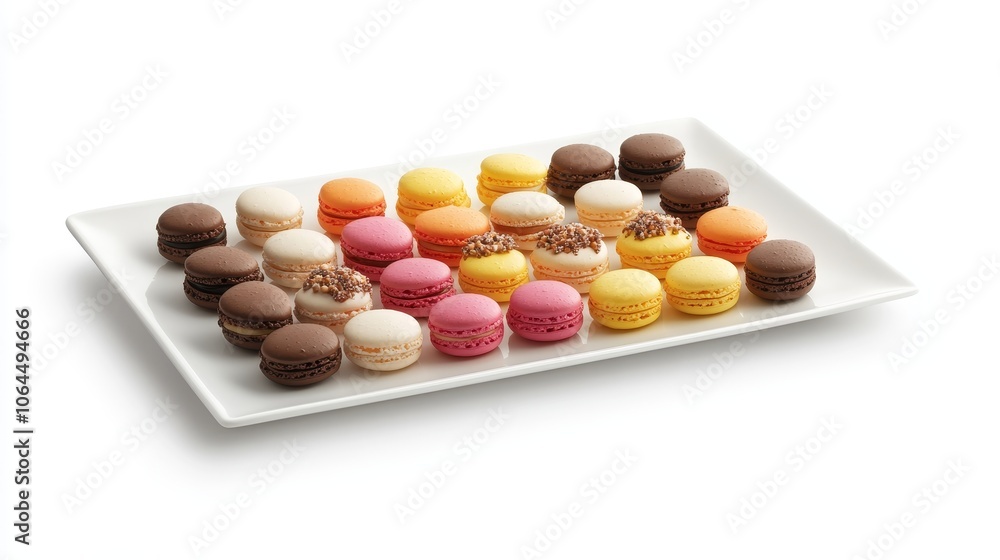 A delightful array of colorful macarons artfully arranged on a pristine white plate, showcasing their delicate texture and enticing flavors, perfect for a sweet indulgence. A delightful array of colorful macarons artfully arranged on a pristine white plate, showcasing their delicate texture and enticing flavors, perfect for a sweet indulgence.