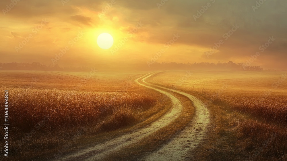 Winding Farm Road through Foggy Landscape - fields, meadow, sun during sunrise Winding Farm Road through Foggy Landscape - fields, meadow, sun during sunrise