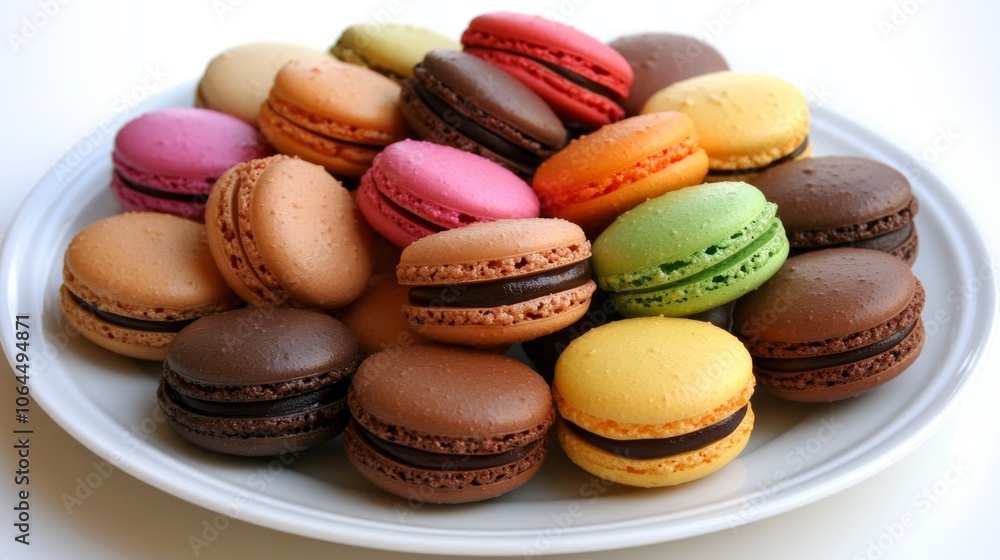 A delightful array of colorful macarons artfully arranged on a pristine white plate, showcasing their delicate texture and enticing flavors, perfect for a sweet indulgence. A delightful array of colorful macarons artfully arranged on a pristine white plate, showcasing their delicate texture and enticing flavors, perfect for a sweet indulgence.