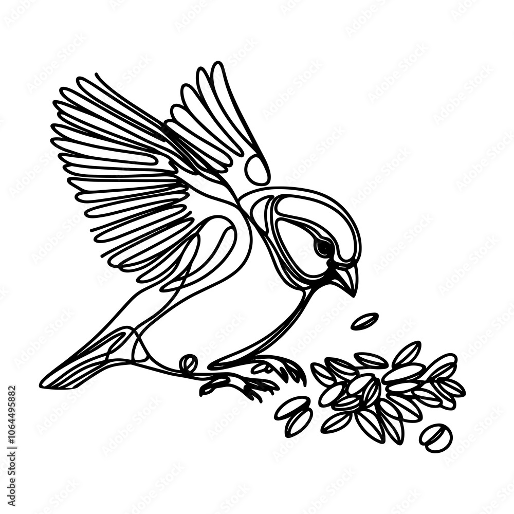 Fototapeta premium Beautiful of sparrow pecks at the seeds one continuous line vector illustration isolated on white background