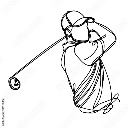 Close-up of a golfer in the middle of a swing one continuous line vector illustration isolated on white background