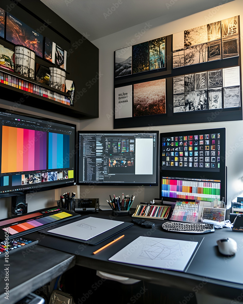 Modern workspace with three computer monitors, a desk with drawing tools and a wall with artwork. Modern workspace with three computer monitors, a desk with drawing tools and a wall with artwork.