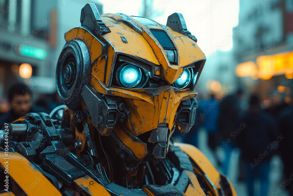 A robot with a yellow head and blue eyes stands in a city street A robot with a yellow head and blue eyes stands in a city street