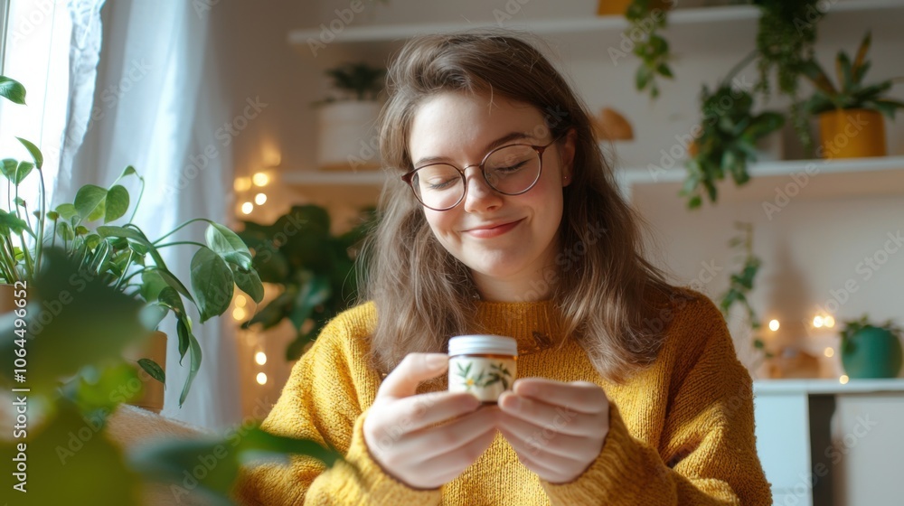 A woman relaxes and enjoys herbal products at home