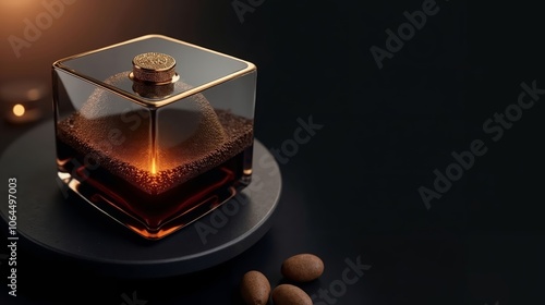 Whiskey Bottle with Gold Lid, Accompanied by Nuts and Candles on Black Surface photo