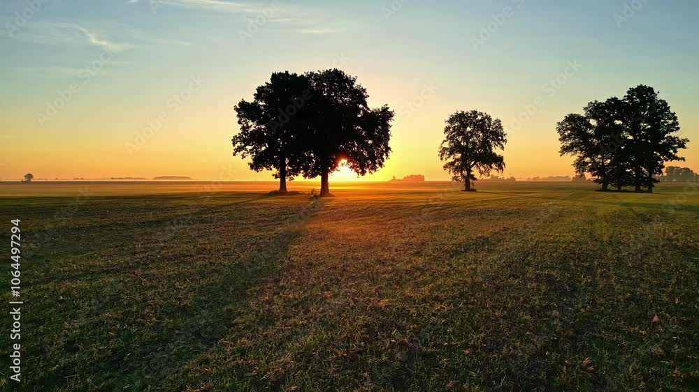 Aerial view low over rural fields, toward a backlit tree on the countryside Aerial view low over rural fields, toward a backlit tree on the countryside