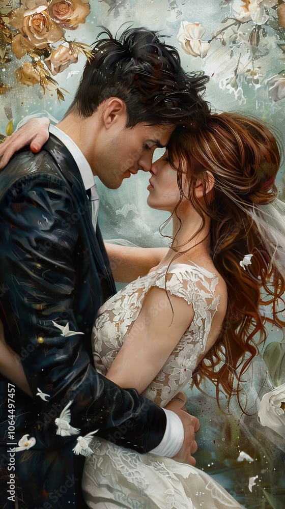 Romantic Wedding Portrait: Couple Embracing in Love Romantic Wedding Portrait: Couple Embracing in Love