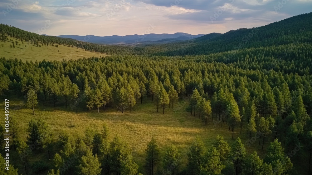 Obraz premium Aerial view on green pine forest