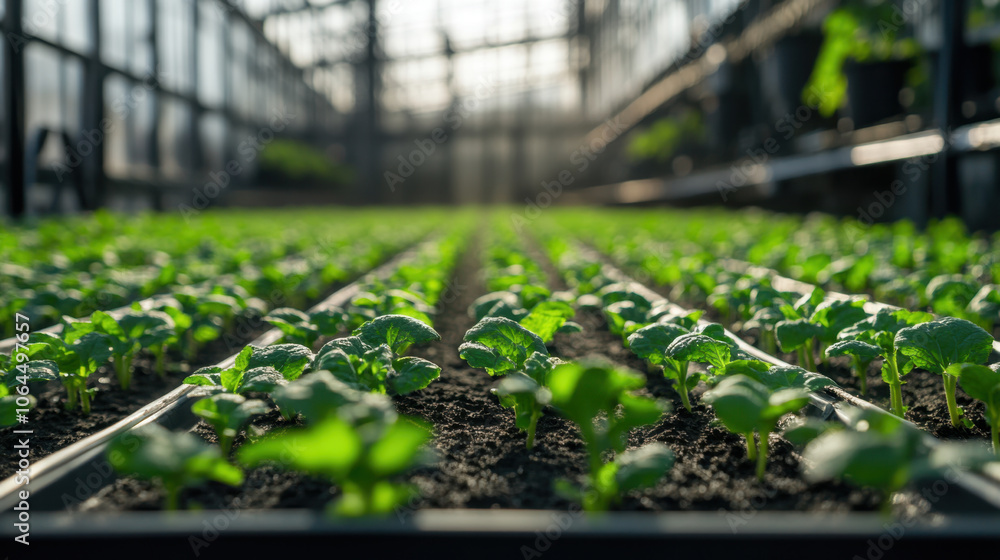 Fresh green seedlings thrive in greenhouse, showcasing smart agriculture practices. vibrant plants symbolize growth and sustainability in modern farming Fresh green seedlings thrive in greenhouse, showcasing smart agriculture practices. vibrant plants symbolize growth and sustainability in modern farming