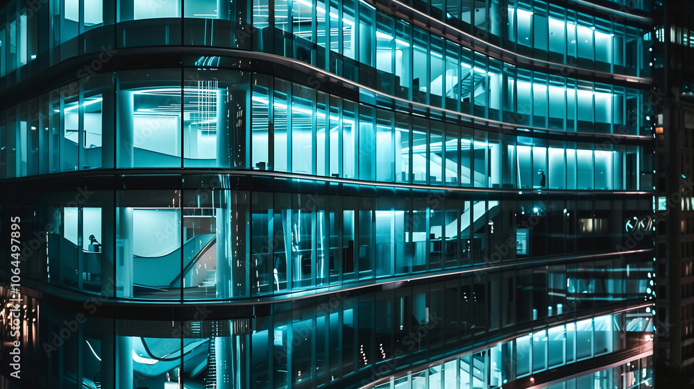 Contemporary Curved Skyscraper with Innovative Design and Glass Facade, Interior View of Active Office Space Contemporary Curved Skyscraper with Innovative Design and Glass Facade, Interior View of Active Office Space