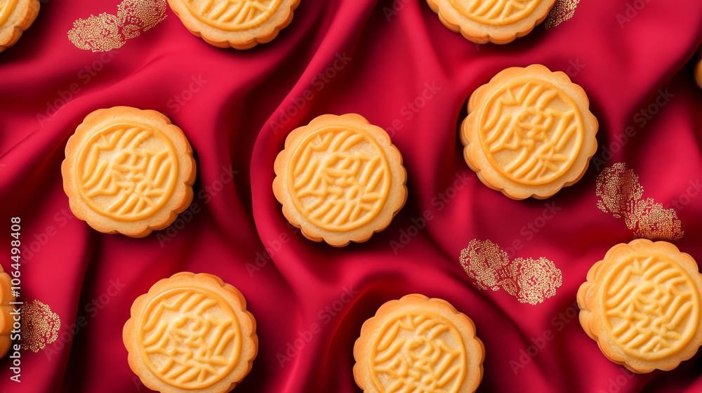 Delicious mooncakes arranged on rich red fabric, symbolizing tradition and celebration. Perfect for festive occasions. Delicious mooncakes arranged on rich red fabric, symbolizing tradition and celebration. Perfect for festive occasions.