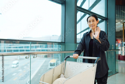 Cheerful Woman with Luggage Cart at Airport Terminal