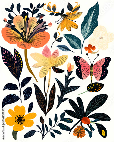 A collection of colorful flowers and butterflies with leaves and stems.